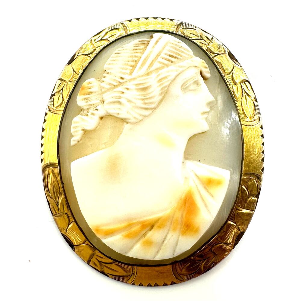 Antique Edwardian gold filled and gilt genuine carved shell cameo brooch
